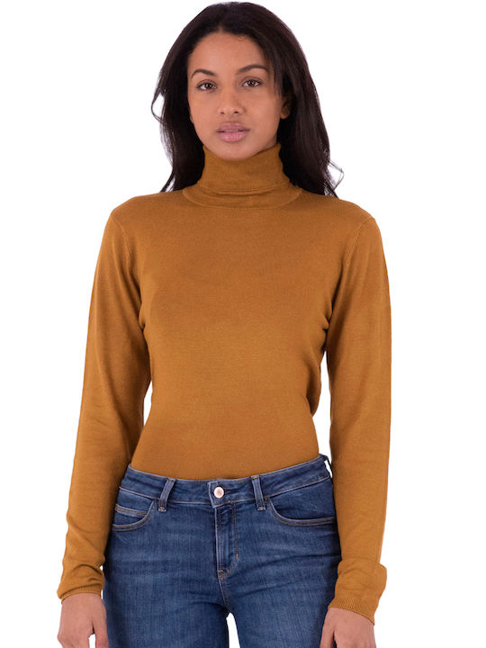 ICHI Women's Long Sleeve Sweater Turtleneck Brown