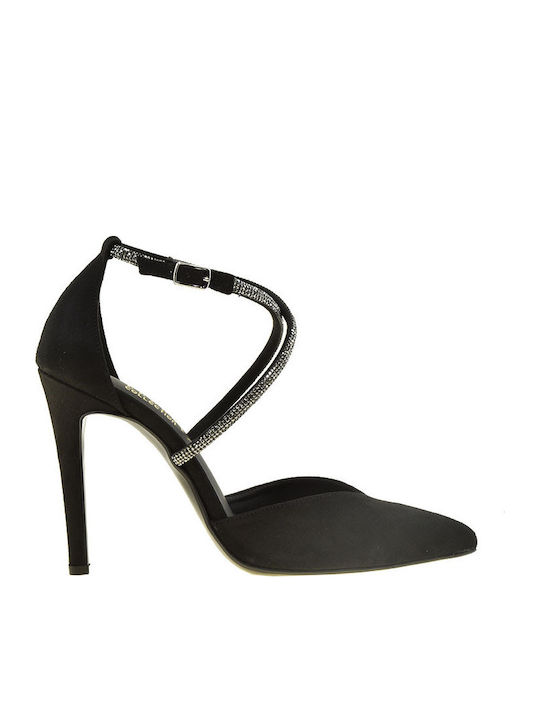 Suede Pointed Toe Black Heels with Strap