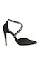 Suede Pointed Toe Black Heels with Strap