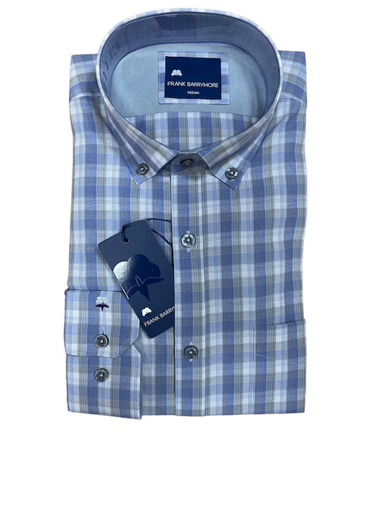 Long-sleeved Cotton Shirt Checked Blue