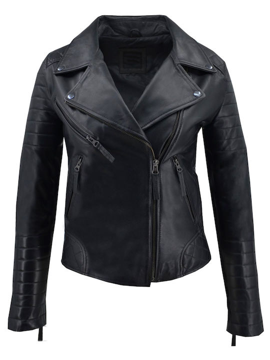 Dermatina 100 Women's Short Biker Leather Jacket for Winter Black