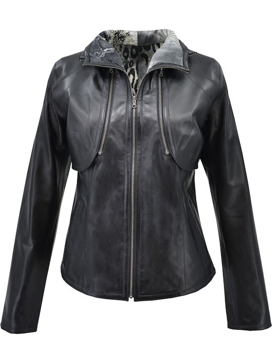 Women's Short Lifestyle Leather Jacket for Spring or Autumn Black