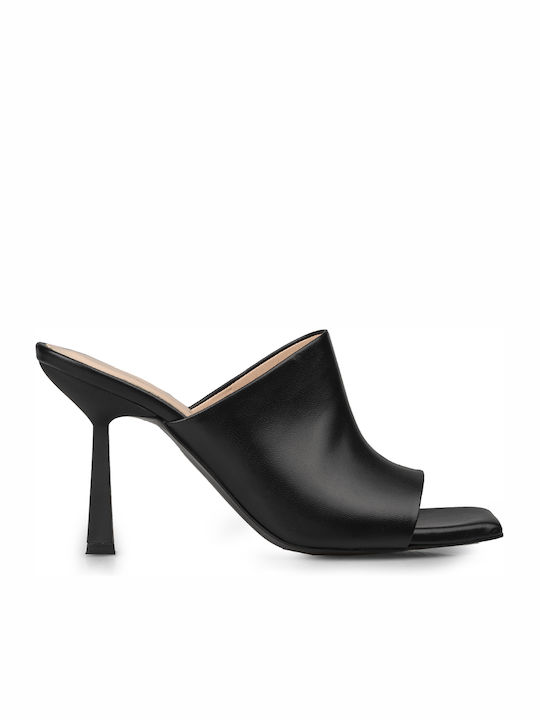 Leather Mules with Thin High Heel in Black Color