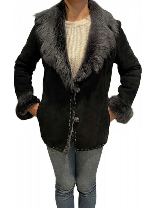 Mouton Women's Black Peacoat with Fur Details
