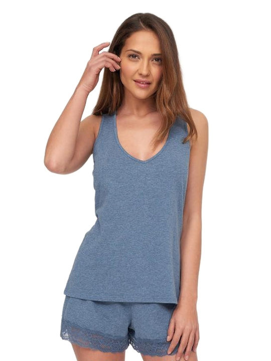 Muydemi Sommer Damen Pyjama-Set Blau