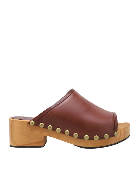 Icy Leather Mules with Chunky Low Heel in Burgundy Color