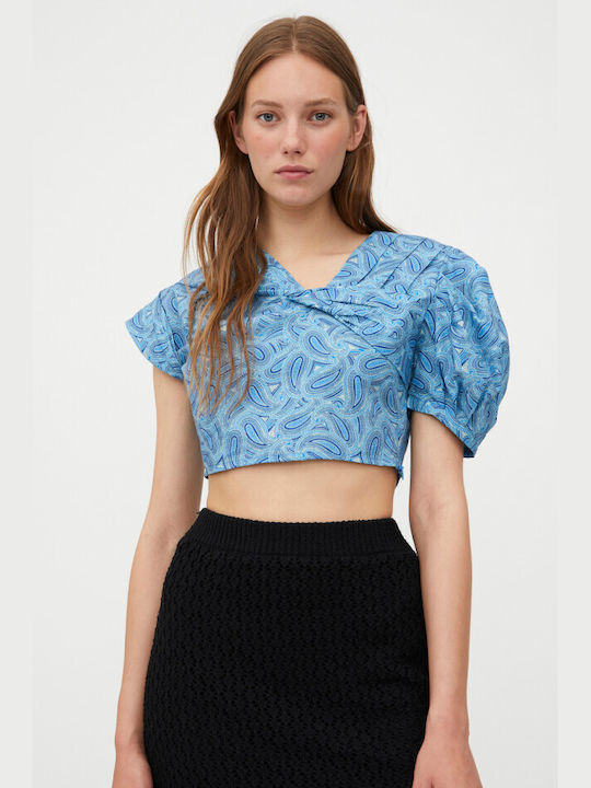 Wild Pony Damen Sommer Crop Top Baumwolle Kurzarm Blau