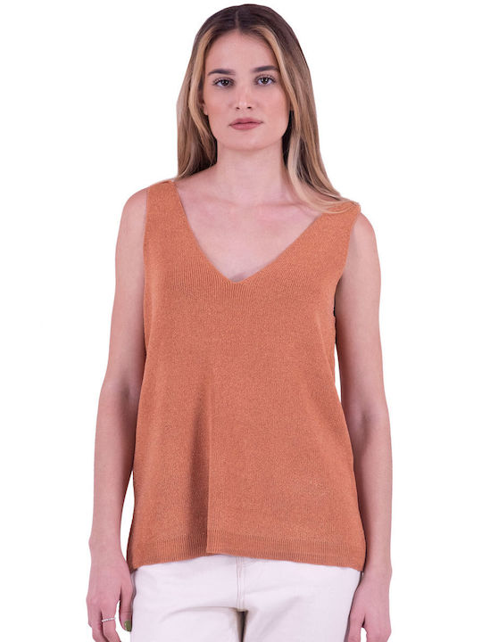 ICHI Women's Summer Blouse Sleeveless with V Neckline Brown