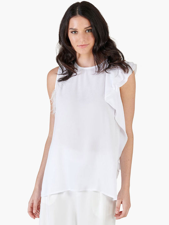 Silvian Heach Women's Summer Blouse Sleeveless with V Neck White