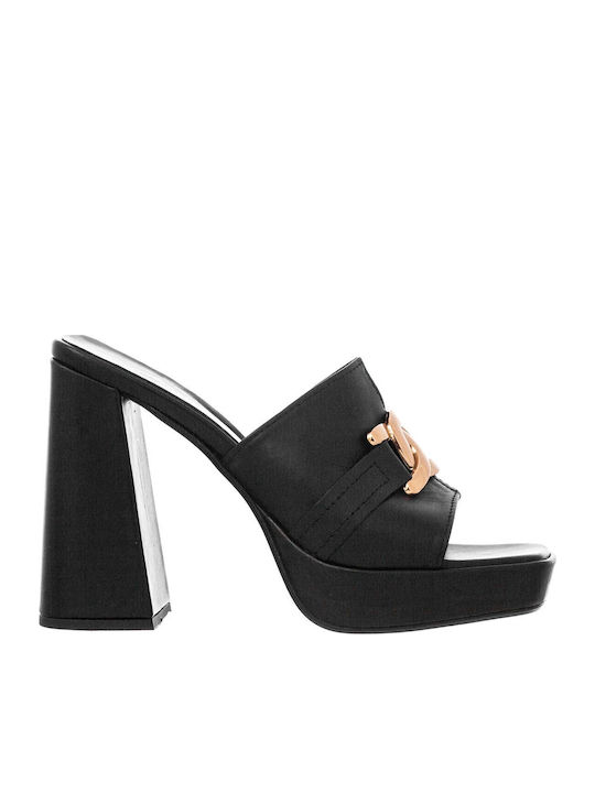 Leather Mules with Chunky High Heel in Black Color
