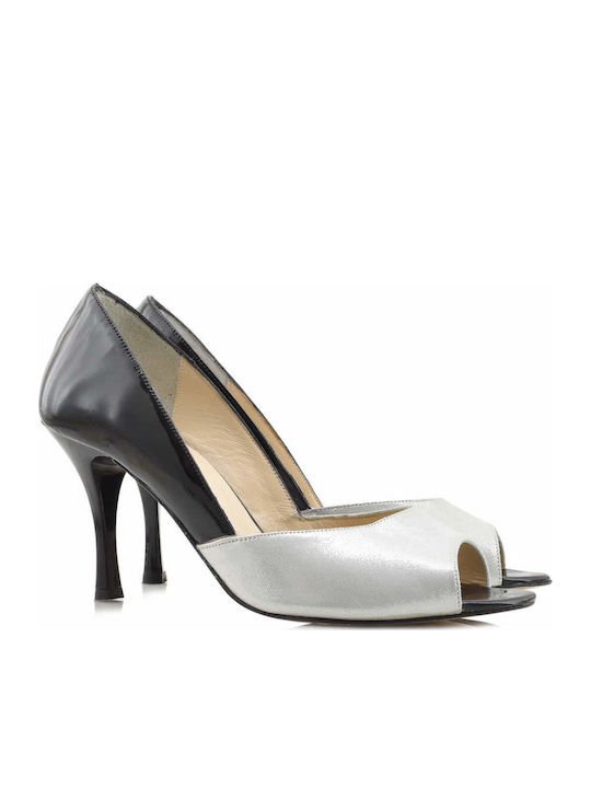 Δερμάτινες Peep Toe Γόβες με Ψηλό Τακούνι Ασημί