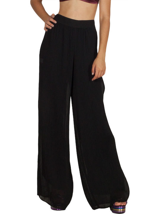 Lotus Eaters Women's Fabric Trousers with Elastic in Palazzo Fit Black