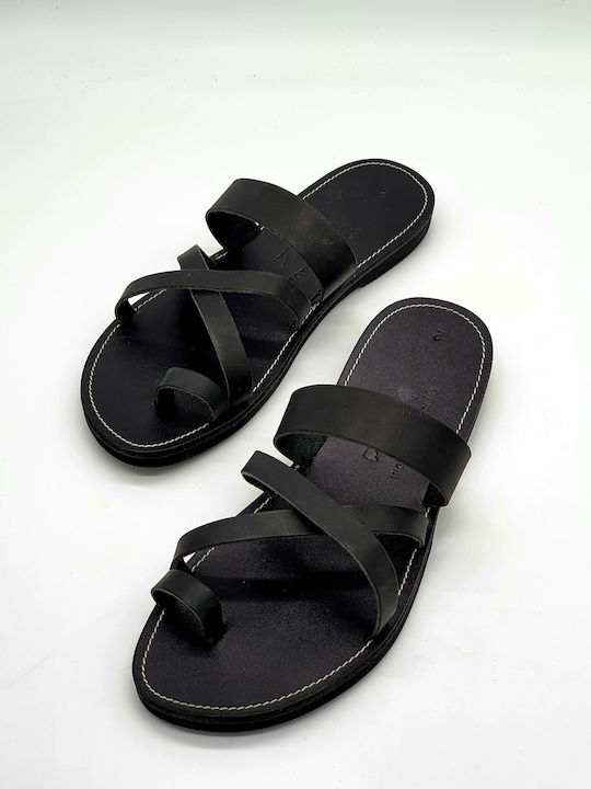 Kypraiosleather Leather Women's Flat Sandals in Black Color