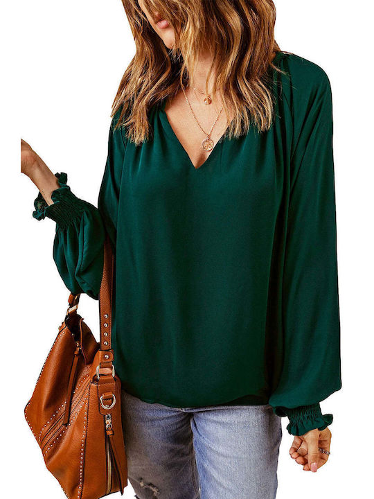 Amely Women's Blouse Long Sleeve with V Neckline Green