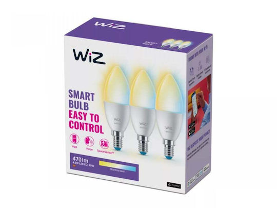 WiZ Smart Λάμπες LED 4.9W για Ντουί E14 και Σχήμα C37 Ρυθμιζόμενο Λευκό 470lm 3τμχ