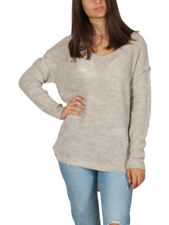 Baraaka Women's Long Sleeve Pullover with V Neck Beige