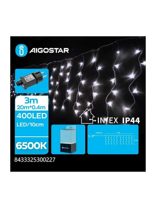 400 Lumini de Crăciun LED Cold White de tip Curtain cu Transparent Cable și Programe Aigostar