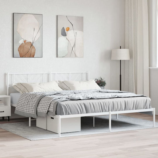 Pat King Size Metalic Alb Cu Plăci Pentru Saltea 190x200cm