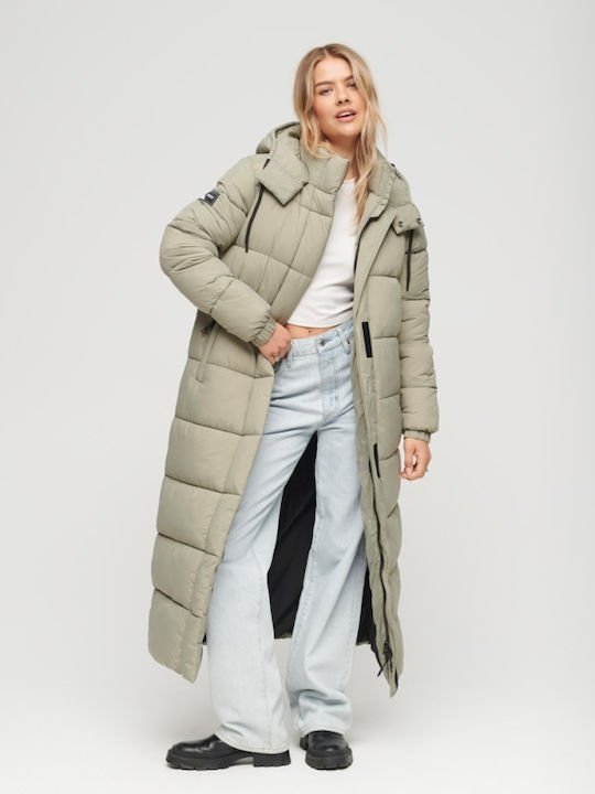 Superdry Women's Long Puffer Jacket for Winter Light Khaki