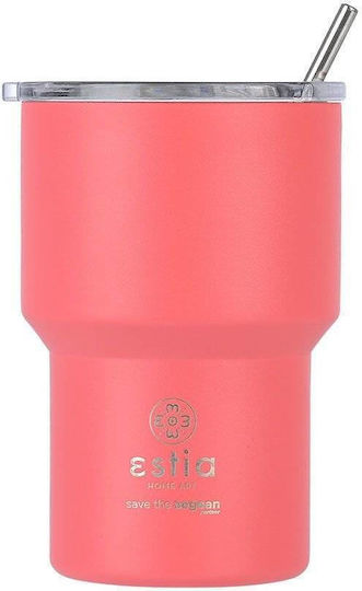 Estia Coffee Mug Lite Save The Aegean Recyclable Thermos Stainless Steel BPA Free 400ml Fusion Coral with Straw