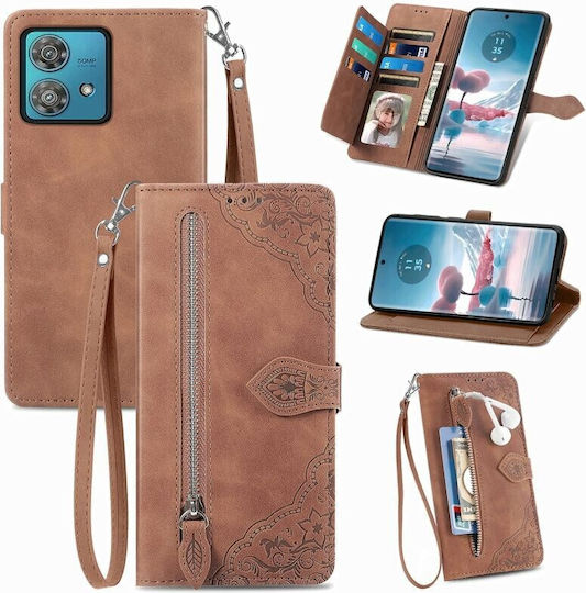 Flower Zipper Brieftasche Braun (Motorola Edge 40)