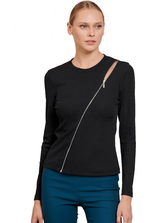 Matis Fashion Women's Crop Top Long Sleeve with Zipper Black