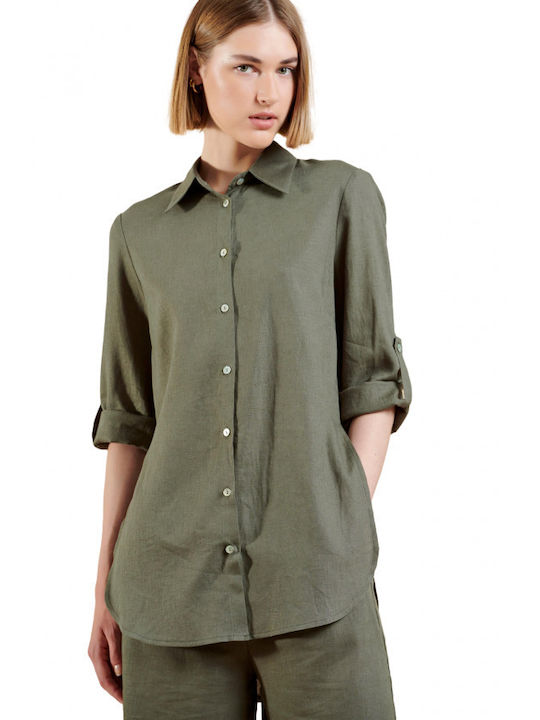 Matis Fashion Women's Linen Monochrome Long Sleeve Shirt Khaki