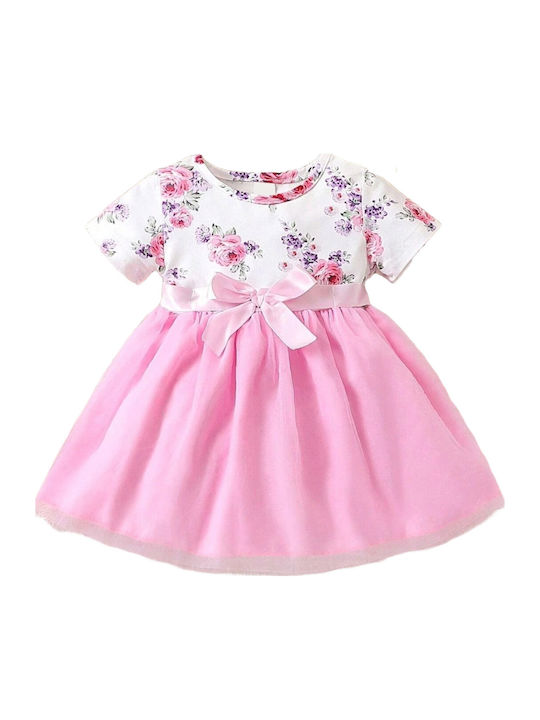 Children's Dress Short Sleeve Tulle Floral Pink