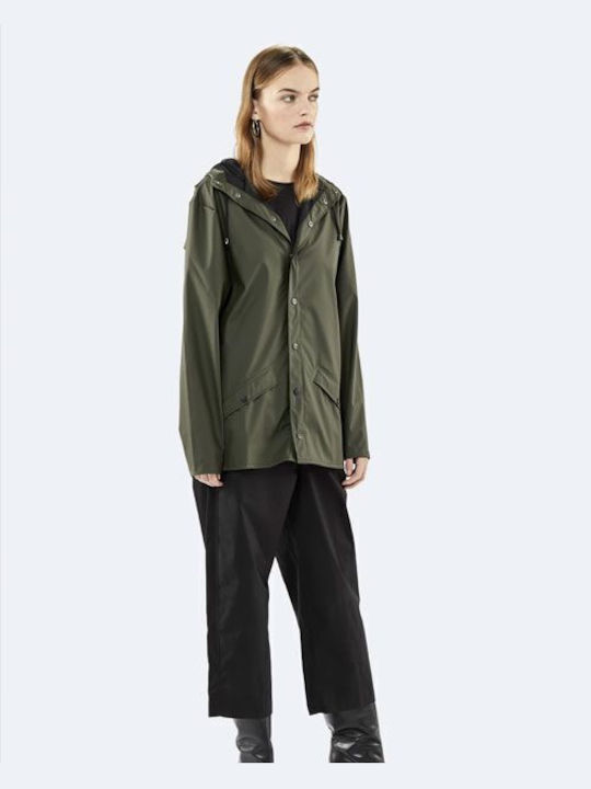 Rains Women's Short Puffer Jacket Waterproof for Winter with Hood Green.