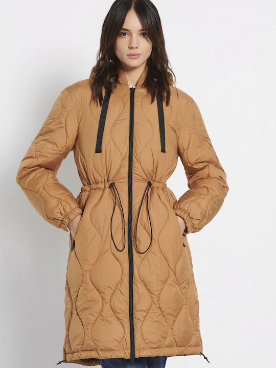 Funky Buddha Women's Short Puffer Jacket for Winter with Detachable Hood Brown