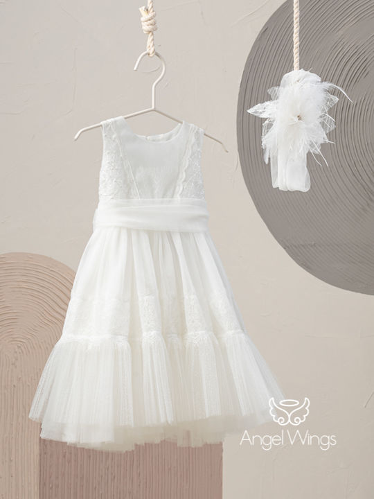 Angel Wings Ecru Baptism Clothes Set with Hair Accessories and Tulle Dress 2 Pieces