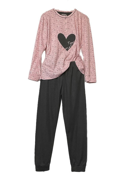 Lovelx Homewear Winter Women's Pyjama Set Cotton Pink with Dark Grey