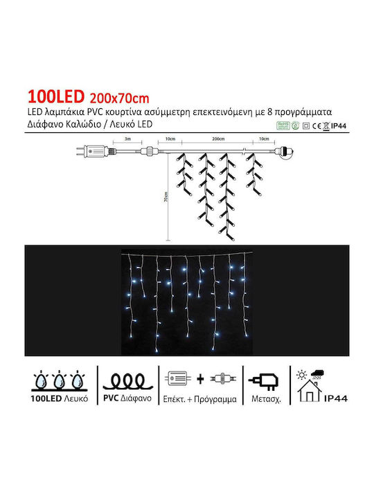 8 100 Weihnachtslichter LED 2für eine E-Commerce-Website in der Kategorie 'Weihnachtsbeleuchtung'. x 70cm Weiß Elektrisch vom Typ Vorhang mit Transparentes Kabel und Programmen