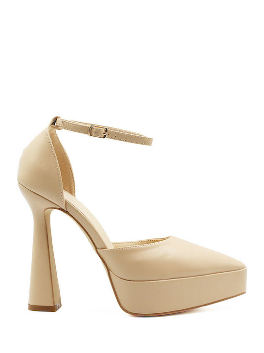 Mia Pointed Toe Beige Heels with Strap