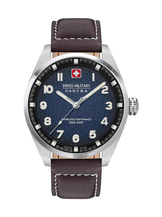 Swiss Military Hanowa Herrenuhr 42mm Batterie mit Braun Lederarmband