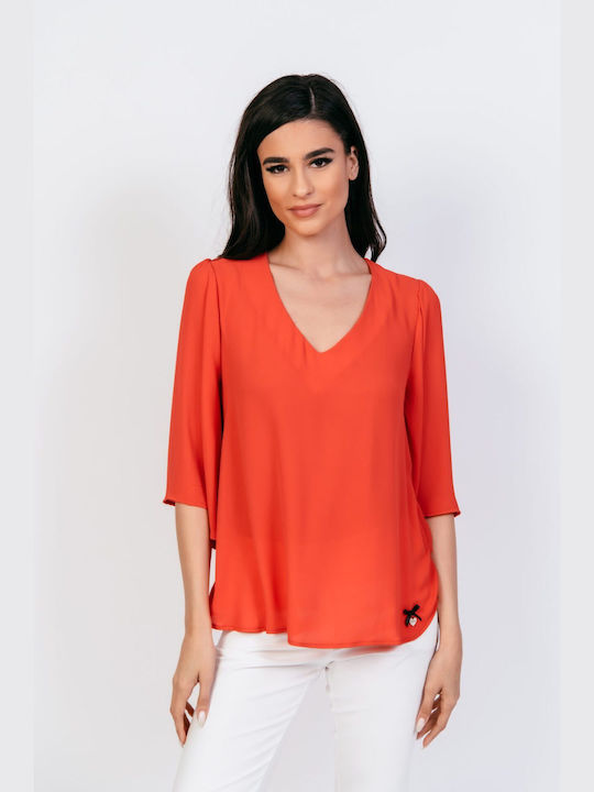 Donna Martha Women's Summer Blouse with 3/4 Sleeve Orange