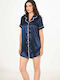 Vienetta Secret Winter Satin,σατεν Damen Nachthemd Blue Marine. Vienetta