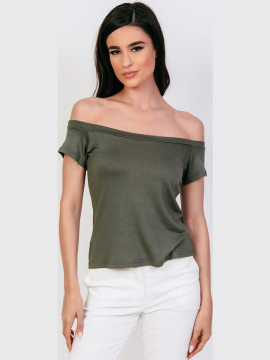 Women's Blouse Short Sleeve with Boat Neckline Haki