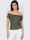 Women's Blouse Short Sleeve with Boat Neckline Haki