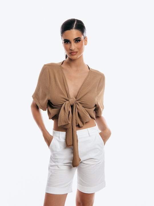 Boutique Damen Sommer Crop Top Kurzarm Beige