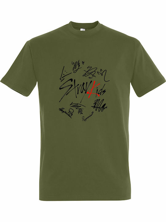 Stray Kids KPOP Band Autographs T-shirt Khaki B...