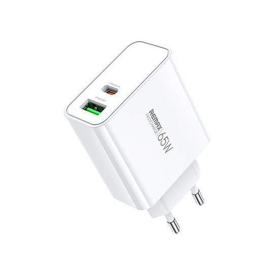 Remax Φορτιστής Χωρίς Καλώδιο με Θύρα USB-A και Θύρα USB-C 65W Power Delivery Λευκός (RP-U125)
