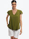 Damen Bluse Kurzärmelig mit V-Ausschnitt Khaki