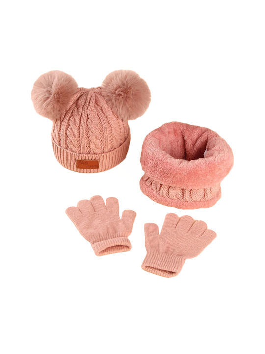 TakTakBaby Σετ Παιδικό Σκουφάκι με Κασκόλ & Γάντια Πλεκτό Ροζ