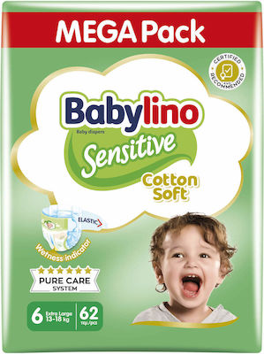 Babylino Tape Diapers Sensitive Cotton Soft Sensitive No. 6 for 13-18 kgkg 62pcs