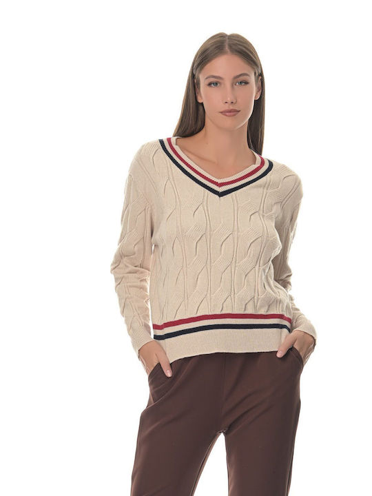 Sushi's Closet Women's Long Sleeve Sweater Woolen with V Neckline Striped Beige