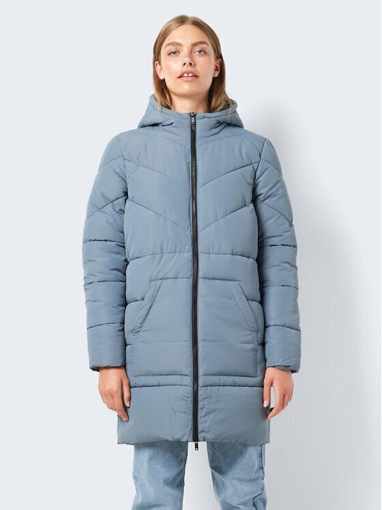 Noisy May Women's Long Puffer Jacket for Winter with Hood Blue
