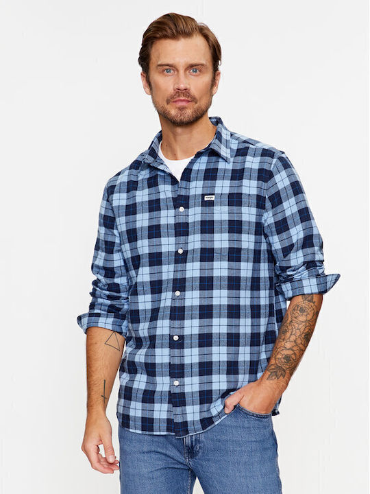 Long Sleeve Cotton Shirt in Regular Fit Checked Blue