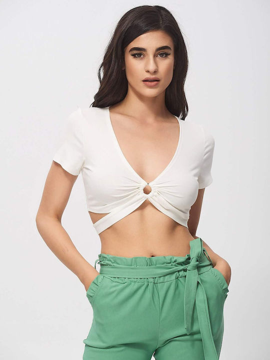 Lipsy London Women's Summer Crop Top Short Sleeve with V Neck White