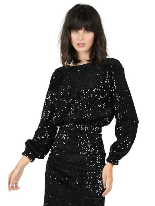 Damen Crop Top Langarm Schwarz